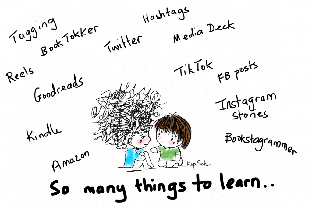 Illustration by Kopi soh: two people surrounded by a cloud of text captioned "So many things to learn"
