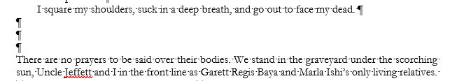 Example of scene break, showing 3 paragraph lines between text